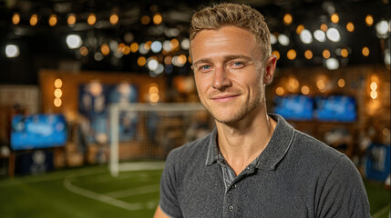 Fototapeta premium Smiling man with short blonde hair and blue eyes standing indoors with blurred sports-themed background