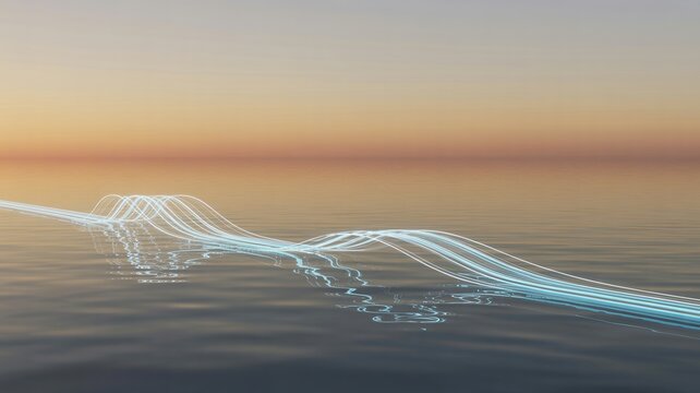 Glowing digital currency pathways over sunset water &ndash; Suitable for international money transfers, smooth banking systems, or futuristic fintech.