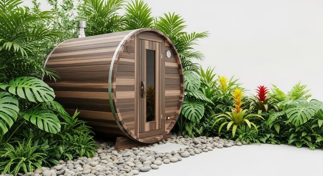 A handcrafted cedar barrel sauna sits peacefully in a landscaped garden featuring rounded river stones and vibrant tropical foliage plants, holistic, luxury, garden