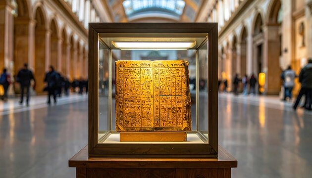 Illuminated ancient Egyptian artifact with hieroglyphs displayed in a museum glass case