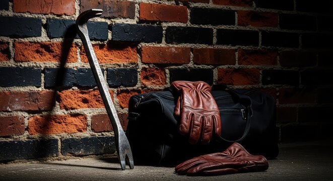 A heavy steel crowbar rests against a dark brick wall next to a black duffle bag and leather gloves, set for an illicit nocturnal activity, tactical, atmosphere, preparation