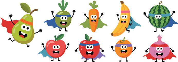 Naklejka premium Cute Superhero Fruit and Vegetable Character Set with Banana, Watermelon, Apple, Pear, Orange, and Carrot Cartoon Mascot Illustrations for Kids