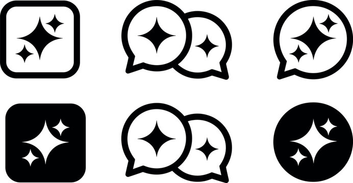 Artificial intelligence chat bot icon set with sparkle stars in speech bubbles for smart assistant communication and magic digital technology