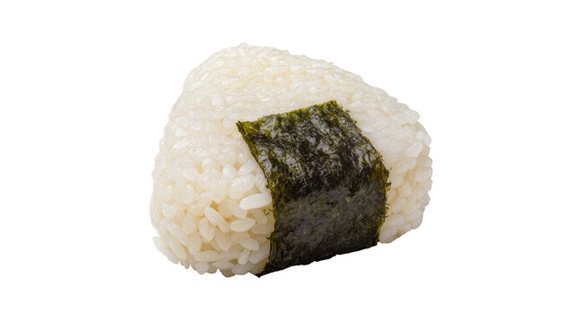 Isolated triangular traditional Japanese onigiri rice ball wrapped with dark green nori seaweed snack.