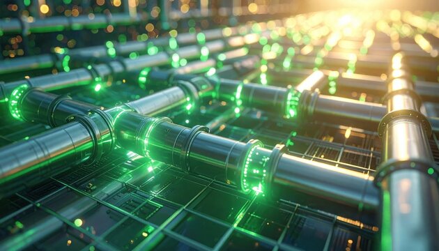 An array of interconnected glowing green conduits emitting light, representing a futuristic technology network