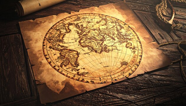 An Ancient Faded Nautical World Map Detailed with Mythical Creatures and Old Place Names on Worn Parchment