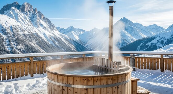 A rustic wooden hot tub filled with steaming water stands on an open terrace covered in fresh snow against a cold mountain winter landscape, frozen, cedar, water