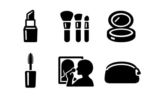Cosmetics products and beauty routine accessories vector icon set, including lipstick, brushes, powder, mascara, and a makeup bag