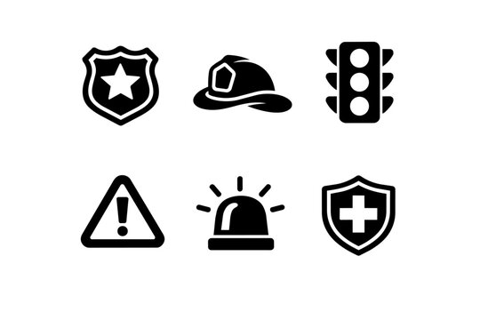 Vector set of safety and assistance line icons representing public services like police, fire department, and healthcare