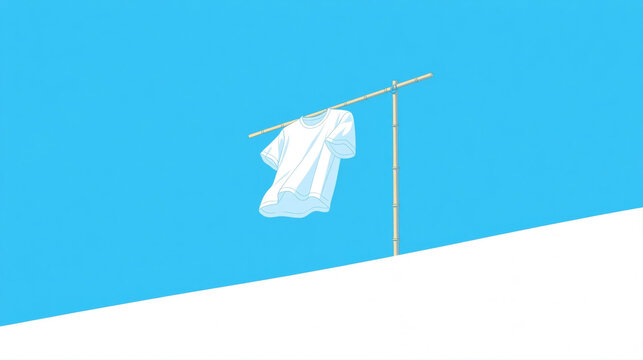 Minimalist flat illustration of a white T-shirt drying on a bamboo pole against a clear blue sky