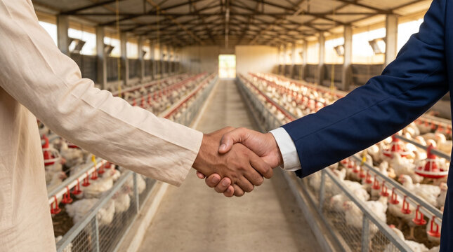professional handshake for poultry business investment farm loan rural finance and agricultural banking support concept