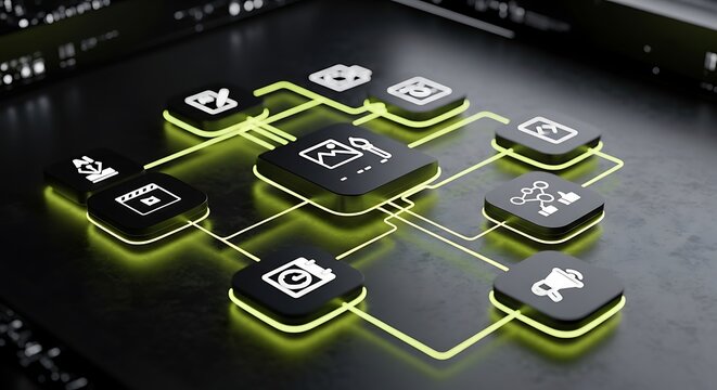 Digital asset management system illustration with interconnected icons