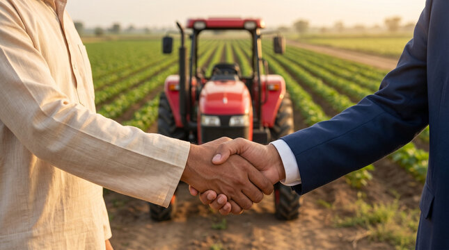 professional handshake for farm machinery finance agricultural equipment loan rural investment and banking support concept