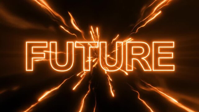 An energetic display of the word future emerges in shimmering orange hues, surrounded by electrifying sparks and abstract shapes that breathe life into artistic creativity and possibilities.