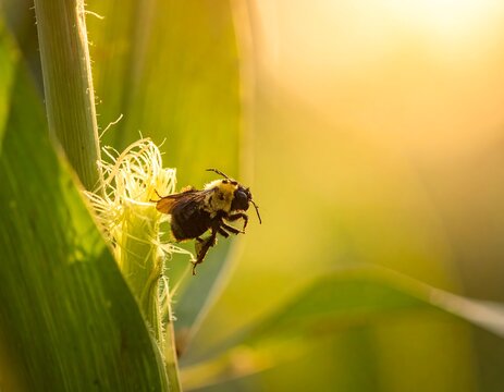 Close up of a bee pollinating a corn plant in bright sunlight
