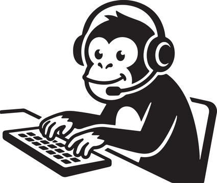 Monkey wearing headset and using computer keyboard for customer support service