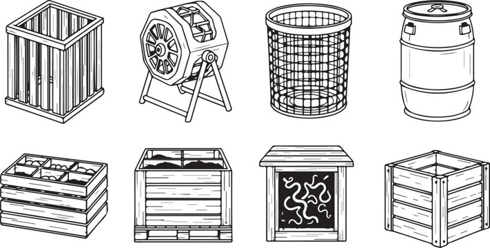 Set of eight wooden crate boxes vector illustration isometric view Vector