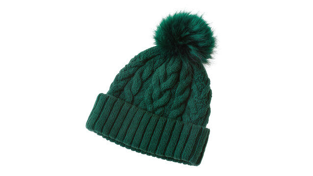 Isolated dark green knitted winter hat with a fluffy pompom, cozy beanie fashion accessory