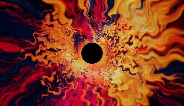 Abstract psychedelic fluid vortex with fiery red and orange ink swirls around black hole