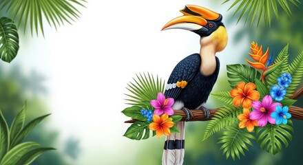 Naklejka premium Artistic illustration of a majestic hornbill perched among lush tropical flowers and dense green botanical leaves in a vibrant jungle scene, vibrant, pattern, ecosystem