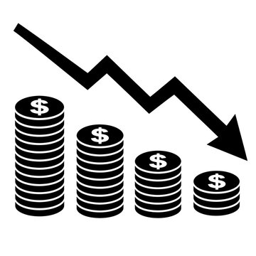 Decreasing dollar coin stacks with downward arrow symbolising financial loss and economic recession 