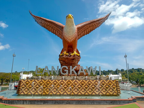 Langkawi, Malaysia - March 3, 2026: Eagle Square or Dataran Lang features a large Langkawi Eagle statue in Kuah, Malaysia.