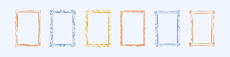 Obraz premium Set of hand drawn doodle crayon naive frame for wedding invitation, birthday card, kid photo frame. Mediterranean style chalk sketch coastal border, aegean greek key pattern. Baroque whimsical boarder