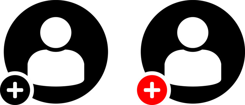 Two user profile icons with a plus sign, one in black and white and the other with a red accent, representing adding new users, contacts, or creating accounts in digital platforms.