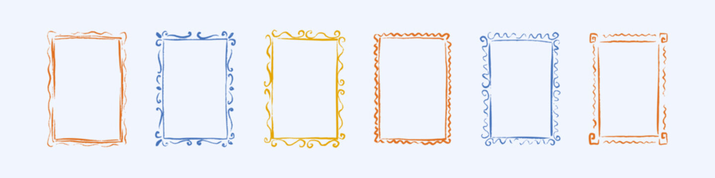 Set of hand drawn doodle crayon naive frame for wedding invitation, birthday card, kid photo frame. Mediterranean style chalk sketch coastal border, aegean greek key pattern. Baroque whimsical boarder