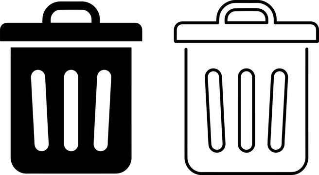 Trash can icon set, solid and outline style vector illustration