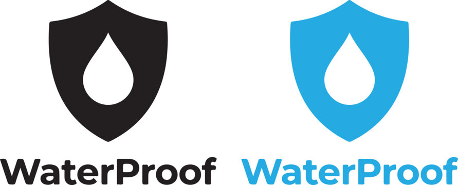 Waterproof shield logos in black and blue with a white teardrop, indicating water resistance, protection, and durability for products or services.