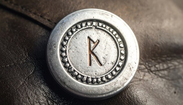 Close-up view of an ancient silver amulet featuring a faded rune inscription and intricate patterned border