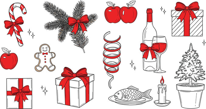 Hand‑drawn Christmas holiday elements including candy cane, gifts, wine, candle, tree, festive food, decorations, vector illustration design