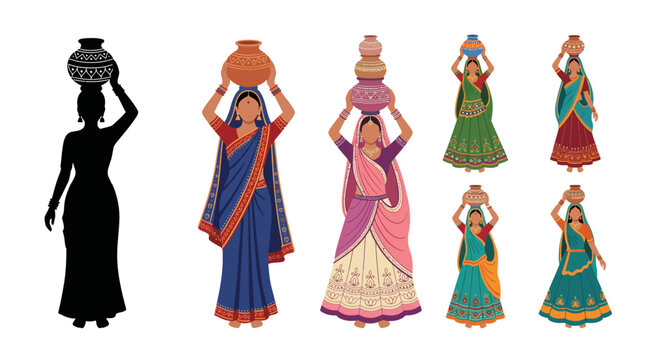 Women carrying pots on head colorful illustration on transparent background