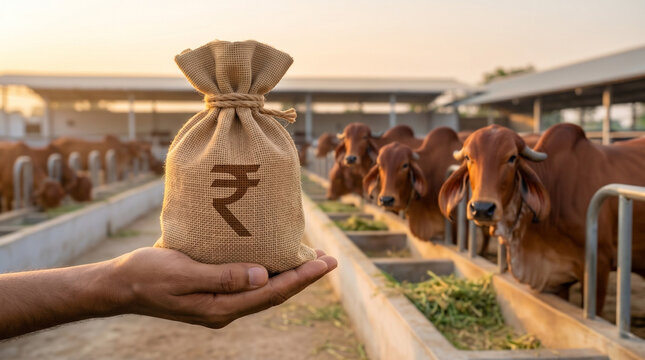 hand holding rupee money bag for dairy farm finance cattle purchase loan livestock investment and agricultural support concept