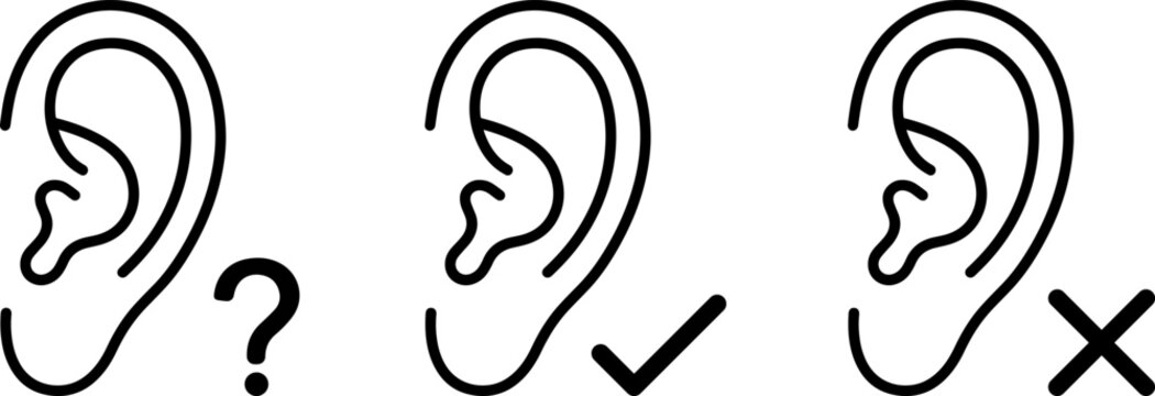 Set of ear icons with question mark, check mark and cross sign