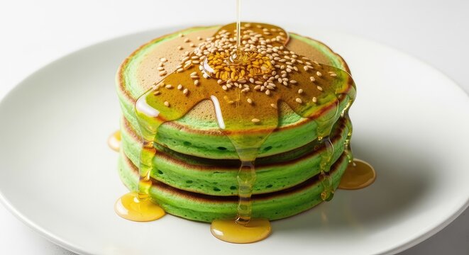 Golden honey drips down a stack of vibrant green pandan pancakes topped with toasted sesame seeds on a clean white plate in soft light, fluffy, dessert, honey