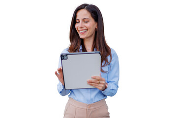 Naklejka premium Happy young woman working with digital tablet, browsing and laughing, female professional using digital technology