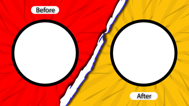 Before and after comparison screen template with red and yellow comic background