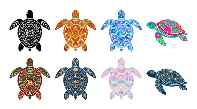 Collection of colorful turtle illustrations on transparent background
