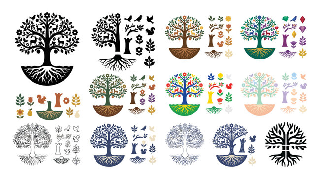 Collection of stylized trees with roots and birds on transparent background