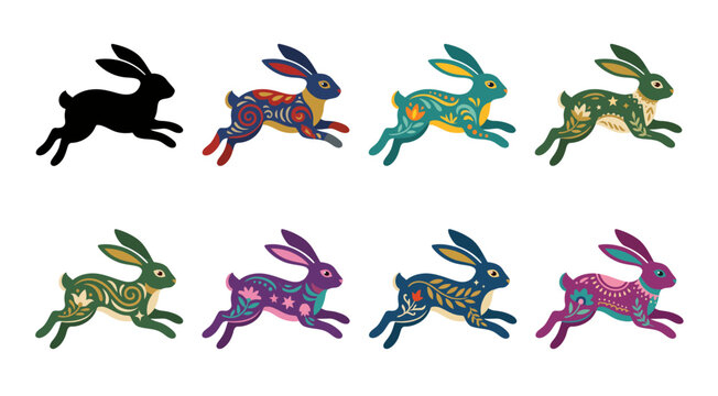 Running hare silhouettes and patterned illustrations on transparent background