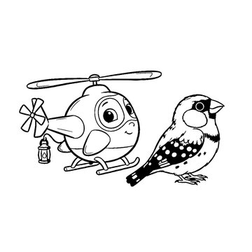 Friendly cartoon helicopter and small bird line art