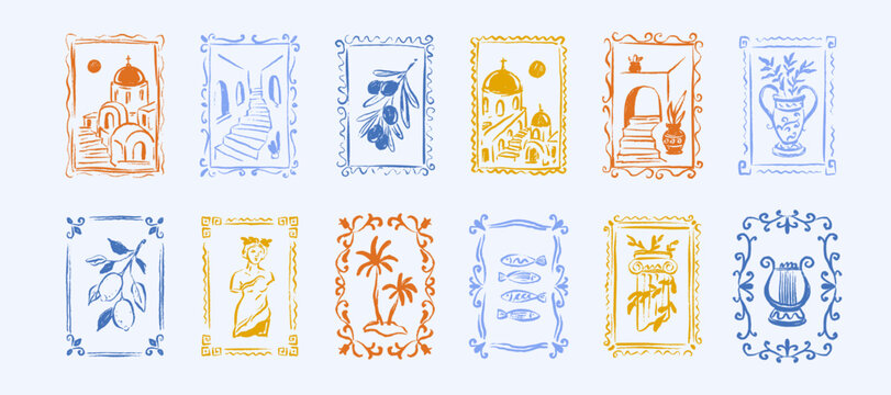 Greek doodle crayon postage stamp, seal, fames, borders. Mykonos, Athens, Santorini houses, city landscape poster. Antique greek vase, aegean roman museum amphora, mythology hand drawn design elements