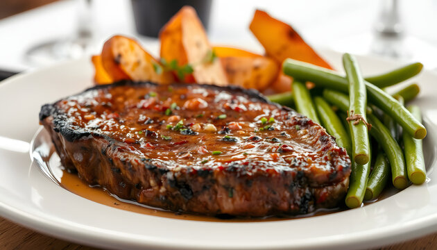 Juicy rib-eye steak with potatoe wedges and french beans, dinamic scene. White tone