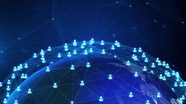 Global digital network connection over planet earth, futuristic social media community communication, world population data structure animation 4K video