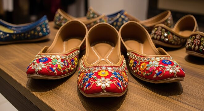 Stunning red ethnic juttis featuring intricate floral embroidery and shimmering mirror work on a rustic wooden table in a bright boutique, elegant, style, shimmering