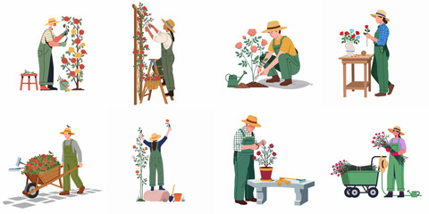 Fototapeta premium Set of flat vector illustrations showing people of various ages gardening, pruning roses, and tending to flowers with different garden tools.