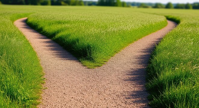Two winding gravel paths converge into a single wide trail through a lush green field, representing unity, shared goals, and cooperation, join, future, perspective