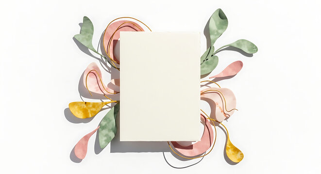 Minimalist Blank White Card Mockup with Abstract Paper Cut Leaves and Gold Elements
